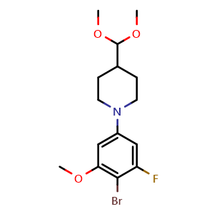 Chemical structure of 1-(4-bromo-3-fluoro-5-methoxyphenyl)-4-(dimethoxymethyl)piperidine , AChemBlock AD271698