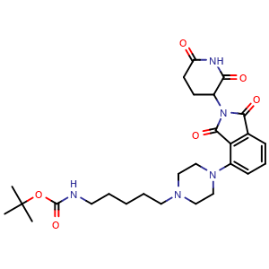 Chemical structure of tert-butyl N-(5-(4-(2-(2,6-dioxopiperidin-3-yl)-1,3-dioxo-2,3-dihydro-1H-isoindol-4-yl)piperazin-1-yl)pentyl)carbamate , AChemBlock AD271701