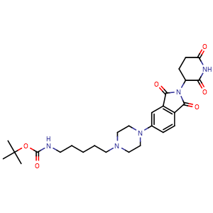 Chemical structure of tert-butyl N-(5-(4-(2-(2,6-dioxopiperidin-3-yl)-1,3-dioxo-2,3-dihydro-1H-isoindol-5-yl)piperazin-1-yl)pentyl)carbamate , AChemBlock AD271702