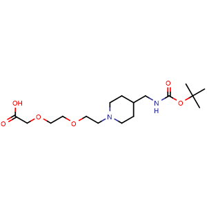 Chemical structure of 2-(2-(2-(4-({[(tert-butoxy)carbonyl]amino}methyl)piperidin-1-yl)ethoxy)ethoxy)acetic acid , AChemBlock AD271706