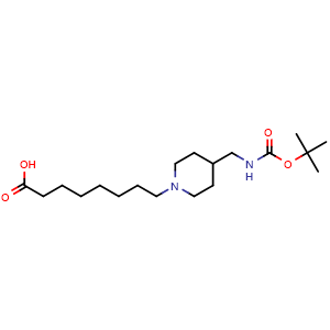 Chemical structure of 8-(4-({[(tert-butoxy)carbonyl]amino}methyl)piperidin-1-yl)octanoic acid , AChemBlock AD271707