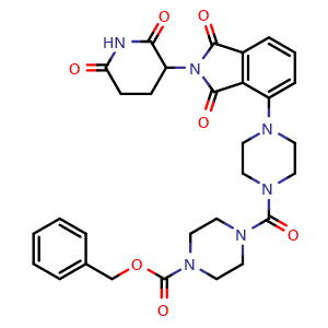 Chemical structure of benzyl 4-(4-(2-(2,6-dioxopiperidin-3-yl)-1,3-dioxo-2,3-dihydro-1H-isoindol-4-yl)piperazine-1-carbonyl)piperazine-1-carboxylate , AChemBlock AD271744