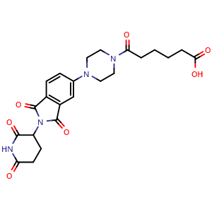 Chemical structure of 6-(4-(2-(2,6-dioxopiperidin-3-yl)-1,3-dioxo-2,3-dihydro-1H-isoindol-5-yl)piperazin-1-yl)-6-oxohexanoic acid , AChemBlock AD271761