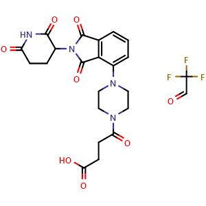 Chemical structure of 2,2,2-trifluoroacetaldehyde; 4-(4-(2-(2,6-dioxopiperidin-3-yl)-1,3-dioxo-2,3-dihydro-1H-isoindol-4-yl)piperazin-1-yl)-4-oxobutanoic acid , AChemBlock AD271777