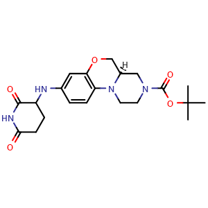 Chemical structure of tert-butyl (10R)-5-[(2,6-dioxopiperidin-3-yl)amino]-8-oxa-1,12-diazatricyclo[8.4.0.0,{2,7}]tetradeca-2(7),3,5-triene-12-carboxylate , AChemBlock AD271799