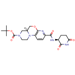 Chemical structure of tert-butyl (10S)-5-{[(3S)-2,6-dioxopiperidin-3-yl]carbamoyl}-8-oxa-1,6,12-triazatricyclo[8.4.0.0,{2,7}]tetradeca-2(7),3,5-triene-12-carboxylate , AChemBlock AD271803