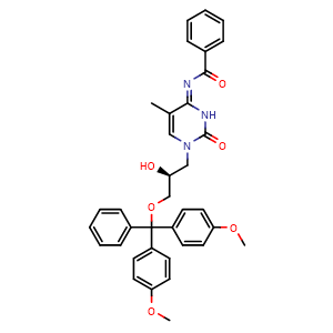 Chemical structure of N-[(4Z)-1-[(2S)-3-(bis(4-methoxyphenyl)(phenyl)methoxy)-2-hydroxypropyl]-5-methyl-2-oxo-1,2,3,4-tetrahydropyrimidin-4-ylidene]benzamide , AChemBlock AD271809