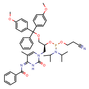 Chemical structure of N-[(4Z)-1-[(2S)-3-(bis(4-methoxyphenyl)(phenyl)methoxy)-2-{[(bis(propan-2-yl)amino)(2-cyanoethoxy)phosphanyl]oxy}propyl]-5-methyl-2-oxo-1,2,3,4-tetrahydropyrimidin-4-ylidene]benzamide , AChemBlock AD271810