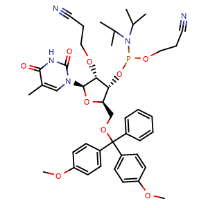 Chemical structure of 3-{[(2R,3R,4R,5R)-5-[(bis(4-methoxyphenyl)(phenyl)methoxy)methyl]-4-{[(bis(propan-2-yl)amino)(2-cyanoethoxy)phosphanyl]oxy}-2-(5-methyl-2,4-dioxo-1,2,3,4-tetrahydropyrimidin-1-yl)oxolan-3-yl]oxy}propanenitrile , AChemBlock AD271811