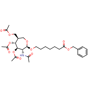 Chemical structure of benzyl 7-{[(2R,3R,4R,5R,6R)-4,5-bis(acetyloxy)-6-[(acetyloxy)methyl]-3-acetamidooxepan-2-yl]oxy}heptanoate , AChemBlock AD271813