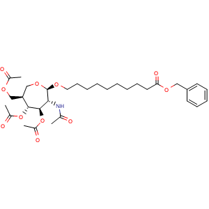 Chemical structure of benzyl 10-{[(2R,3R,4R,5R,6R)-4,5-bis(acetyloxy)-6-[(acetyloxy)methyl]-3-acetamidooxepan-2-yl]oxy}decanoate , AChemBlock AD271814