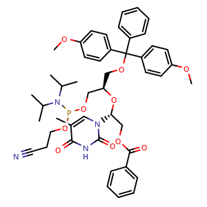 Chemical structure of (2R)-2-(((2R)-1-(bis(4-methoxyphenyl)(phenyl)methoxy)-3-(((2-cyanoethoxy)(diisopropylamino)phosphaneyl)oxy)propan-2-yl)oxy)-2-(5-methyl-2,4-dioxo-3,4-dihydropyrimidin-1(2H)-yl)ethyl benzoate , AChemBlock AD271815