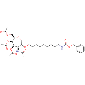 Chemical structure of [(2R,3R,4R,5R,6R)-3,4-bis(acetyloxy)-6-[(9-{[(benzyloxy)carbonyl]amino}nonyl)oxy]-5-acetamidooxepan-2-yl]methyl acetate , AChemBlock AD271816