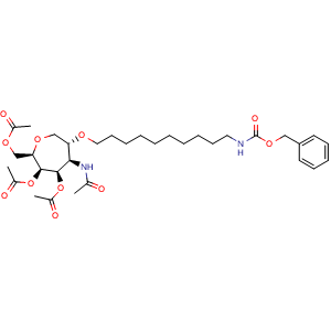 Chemical structure of [(2R,3R,4R,5R,6R)-3,4-bis(acetyloxy)-6-[(10-{[(benzyloxy)carbonyl]amino}decyl)oxy]-5-acetamidooxepan-2-yl]methyl acetate , AChemBlock AD271817