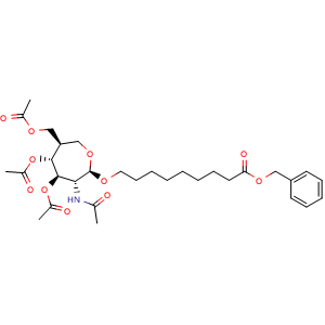 Chemical structure of benzyl 9-{[(2R,3R,4R,5R,6R)-4,5-bis(acetyloxy)-6-[(acetyloxy)methyl]-3-acetamidooxepan-2-yl]oxy}nonanoate , AChemBlock AD271820
