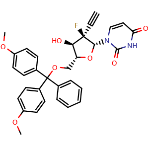 Chemical structure of 1-((2R,3R,4R,5R)-5-((bis(4-methoxyphenyl)(phenyl)methoxy)methyl)-3-ethynyl-3-fluoro-4-hydroxytetrahydrofuran-2-yl)pyrimidine-2,4(1H,3H)-dione , AChemBlock AD271824