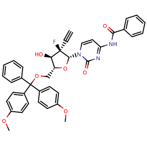 Chemical structure of N-(1-((2R,3R,4R,5R)-5-((bis(4-methoxyphenyl)(phenyl)methoxy)methyl)-3-ethynyl-3-fluoro-4-hydroxytetrahydrofuran-2-yl)-2-oxo-1,2-dihydropyrimidin-4-yl)benzamide , AChemBlock AD271826