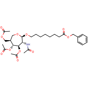 Chemical structure of benzyl 8-{[(2R,3R,4R,5R,6R)-4,5-bis(acetyloxy)-6-[(acetyloxy)methyl]-3-acetamidooxepan-2-yl]oxy}octanoate , AChemBlock AD271827