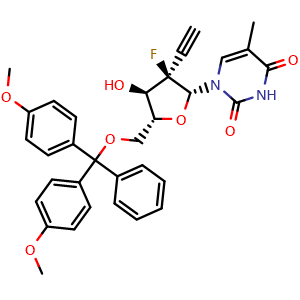 Chemical structure of 1-((2R,3R,4R,5R)-5-((bis(4-methoxyphenyl)(phenyl)methoxy)methyl)-3-ethynyl-3-fluoro-4-hydroxytetrahydrofuran-2-yl)-5-methylpyrimidine-2,4(1H,3H)-dione , AChemBlock AD271828