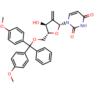 Chemical structure of 1-((2R,4S,5R)-5-((bis(4-methoxyphenyl)(phenyl)methoxy)methyl)-4-hydroxy-3-methylenetetrahydrofuran-2-yl)pyrimidine-2,4(1H,3H)-dione , AChemBlock AD271830