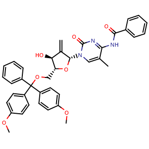 Chemical structure of N-(1-((2R,4S,5R)-5-((bis(4-methoxyphenyl)(phenyl)methoxy)methyl)-4-hydroxy-3-methylenetetrahydrofuran-2-yl)-5-methyl-2-oxo-1,2-dihydropyrimidin-4-yl)benzamide , AChemBlock AD271833