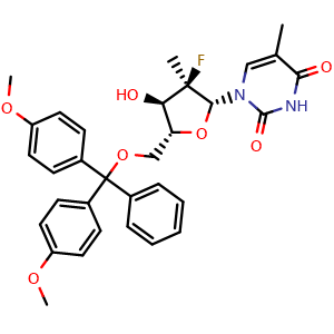 Chemical structure of 1-((2R,3R,4R,5R)-5-((bis(4-methoxyphenyl)(phenyl)methoxy)methyl)-3-fluoro-4-hydroxy-3-methyltetrahydrofuran-2-yl)-5-methylpyrimidine-2,4(1H,3H)-dione , AChemBlock AD271835