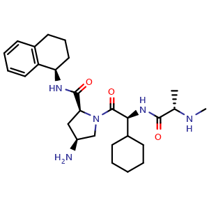 Chemical structure of (2S,4S)-4-amino-1-[(2S)-2-cyclohexyl-2-[(2S)-2-(methylamino)propanamido]acetyl]-N-[(1R)-1,2,3,4-tetrahydronaphthalen-1-yl]pyrrolidine-2-carboxamide , AChemBlock AD271846