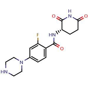 Chemical structure of N-[(3S)-2,6-dioxopiperidin-3-yl]-2-fluoro-4-(piperazin-1-yl)benzamide , AChemBlock AD271847
