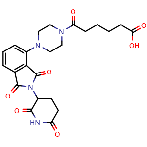 Chemical structure of 6-(4-(2-(2,6-dioxopiperidin-3-yl)-1,3-dioxoisoindolin-4-yl)piperazin-1-yl)-6-oxohexanoic acid , AChemBlock AD271849