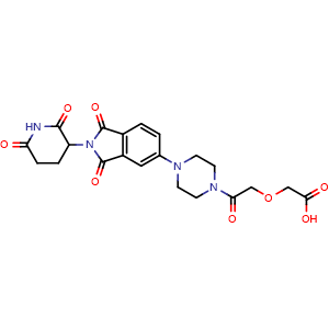 Chemical structure of 2-(2-(4-(2-(2,6-dioxopiperidin-3-yl)-1,3-dioxoisoindolin-5-yl)piperazin-1-yl)-2-oxoethoxy)acetic acid , AChemBlock AD271851