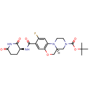 Chemical structure of tert-butyl (10S)-5-{[(3S)-2,6-dioxopiperidin-3-yl]carbamoyl}-4-fluoro-8-oxa-1,12-diazatricyclo[8.4.0.0,{2,7}]tetradeca-2(7),3,5-triene-12-carboxylate , AChemBlock AD271862