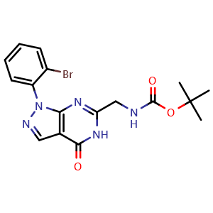 Chemical structure of tert-butyl ((1-(2-bromophenyl)-4-oxo-4,5-dihydro-1H-pyrazolo[3,4-d]pyrimidin-6-yl)methyl)carbamate , AChemBlock AD271864