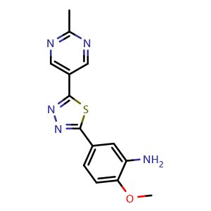 Chemical structure of 2-methoxy-5-(5-(2-methylpyrimidin-5-yl)-1,3,4-thiadiazol-2-yl)aniline , AChemBlock AD271882