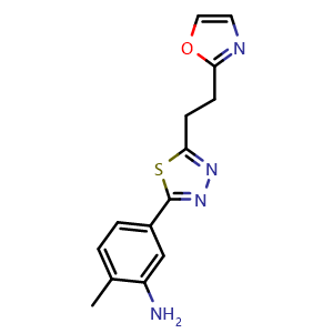 Chemical structure of 2-methyl-5-(5-(2-(oxazol-2-yl)ethyl)-1,3,4-thiadiazol-2-yl)aniline , AChemBlock AD271889