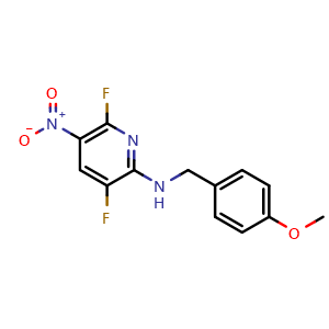 Chemical structure of 3,6-difluoro-N-[(4-methoxyphenyl)methyl]-5-nitropyridin-2-amine , AChemBlock AD271894