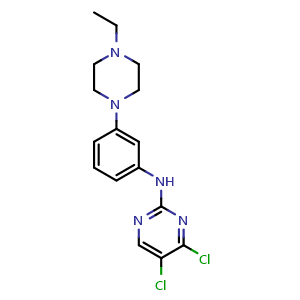 Chemical structure of 4,5-dichloro-N-(3-(4-ethylpiperazin-1-yl)phenyl)pyrimidin-2-amine , AChemBlock AD271909