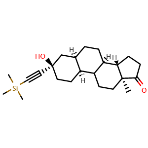 Chemical structure of (2S,5R,7R,10R,11S,15S)-2,7,10,11-tetrahydrogenio-5-hydroxy-15-methyl-5-(2-(trimethylsilyl)ethynyl)tetracyclo[8.7.0.0,{2,7}.0,{11,15}]heptadecan-14-one , AChemBlock AD271912