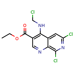 Chemical structure of ethyl 6,8-dichloro-4-((chloromethyl)amino)-1,7-naphthyridine-3-carboxylate , AChemBlock AD271926
