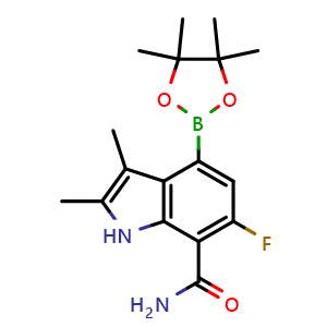 Chemical structure of 6-fluoro-2,3-dimethyl-4-(tetramethyl-1,3,2-dioxaborolan-2-yl)-1H-indole-7-carboxamide , AChemBlock AD271928
