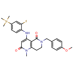 Chemical structure of 4-[(2-fluoro-4-(trimethylsilyl)phenyl)amino]-6-[(4-methoxyphenyl)methyl]-1-methyl-1,2,5,6,7,8-hexahydro-1,6-naphthyridine-2,5-dione , AChemBlock AD271944
