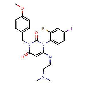 Chemical structure of 6-[(Z)-(2-(dimethylamino)ethylidene)amino]-1-(2-fluoro-4-iodophenyl)-3-[(4-methoxyphenyl)methyl]-1,2,3,4-tetrahydropyrimidine-2,4-dione , AChemBlock AD271948
