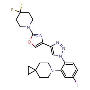 Chemical structure of 6-(2-(4-(2-(4,4-difluoropiperidin-1-yl)-1,3-oxazol-4-yl)-1H-1,2,3-triazol-1-yl)-5-iodophenyl)-6-azaspiro[2.5]octane , AChemBlock AD271949