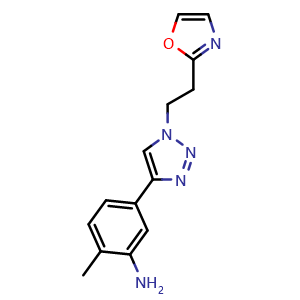 Chemical structure of 2-methyl-5-(1-(2-(oxazol-2-yl)ethyl)-1H-1,2,3-triazol-4-yl)aniline , AChemBlock AD271950