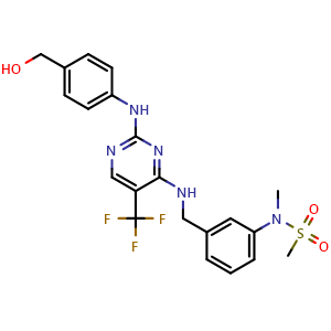 Chemical structure of N-(3-(((2-((4-(hydroxymethyl)phenyl)amino)-5-(trifluoromethyl)pyrimidin-4-yl)amino)methyl)phenyl)-N-methylmethanesulfonamide , AChemBlock AD271951