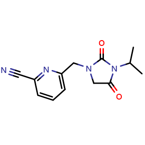 Chemical structure of 6-((3-isopropyl-2,4-dioxoimidazolidin-1-yl)methyl)picolinonitrile , AChemBlock AD271958