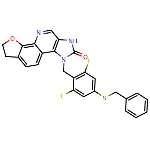 Chemical structure of 3-(4-(benzylthio)-2,6-difluorobenzyl)-1,3,6,7-tetrahydro-2H-furo[3,2-h]imidazo[4,5-c]quinolin-2-one , AChemBlock AD271966