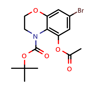 Chemical structure of tert-Butyl 5-acetoxy-7-bromo-2,3-dihydro-4H-benzo[b][1,4]oxazine-4-carboxylate , AChemBlock AD271971