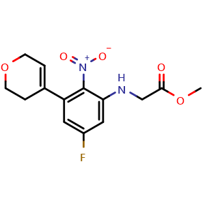 Chemical structure of Methyl (3-(3,6-dihydro-2H-pyran-4-yl)-5-fluoro-2-nitrophenyl)glycinate , AChemBlock AD271981