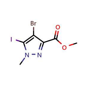 Chemical structure of methyl 4-bromo-5-iodo-1-methyl-1H-pyrazole-3-carboxylate , AChemBlock AD272007