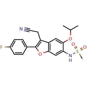 Chemical structure of N-(3-(cyanomethyl)-2-(4-fluorophenyl)-5-(propan-2-yloxy)-1-benzofuran-6-yl)methanesulfonamide , AChemBlock AD272017